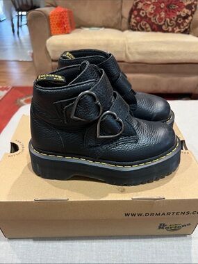 Dr. Martens Black Leather Platform Boots with Heart Buckles